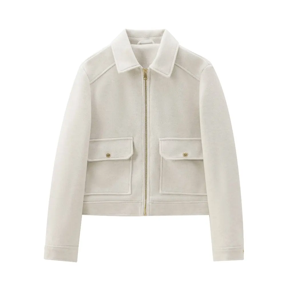

Women's Soft Woolen Jacket Coat with Zipper Ornament Double Pocket Vintage Tooling Autumn Winter Outerwear