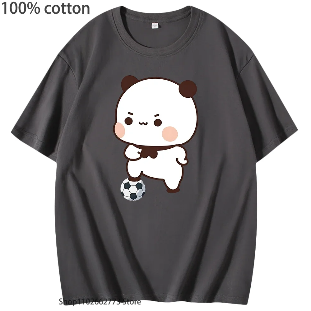 

Милые футболки Bubu Playing Soccer Kawaii Cute Panda Bear Графические рубашки Женская футболка Мужская 100% хлопок Летние повседневные футболки Топы
