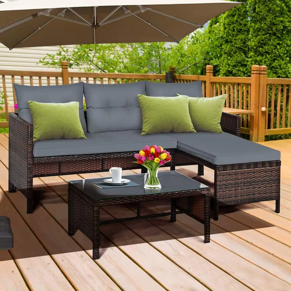 Patio Corner Sofa Set 3 Piece, Outdoor Rattan Sofa Set, Includes Lounge Chaise, Loveseat amp Coffee Table, Patio Garden Poolsid