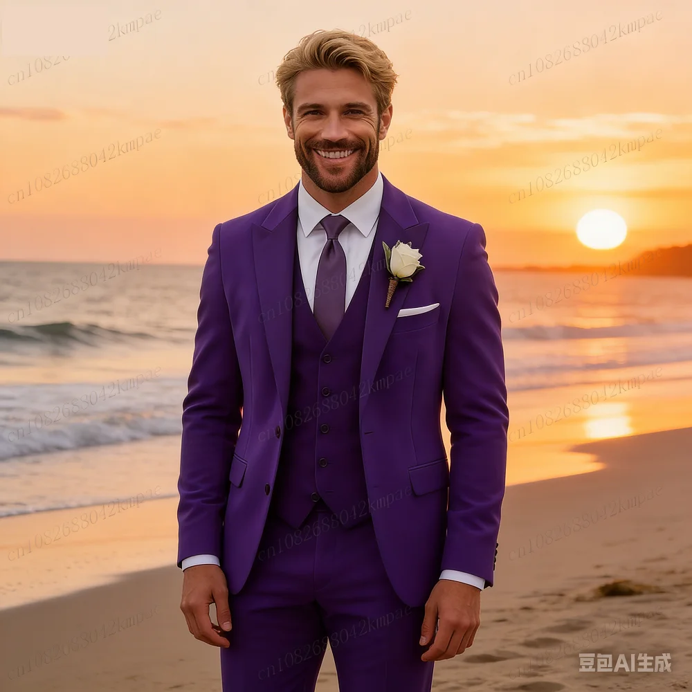 

Men's Formal Purple Velvet Tuxedo 3-Piece Suit Black Wedding Groomsmen Best Man Ceremony Party Ball Smocking for Business