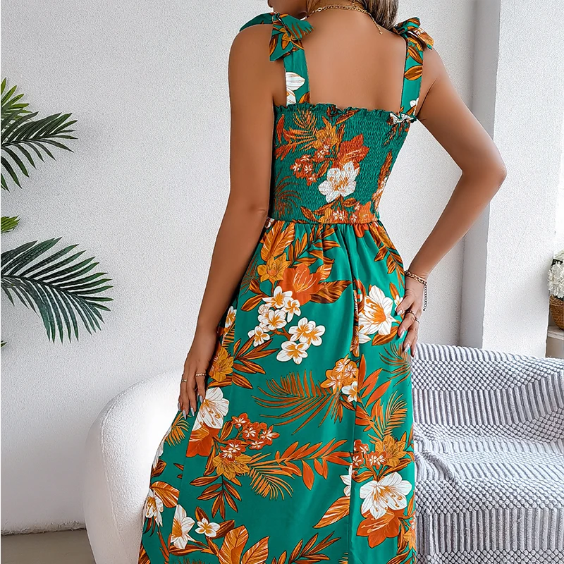 Abito lungo Boho estivo da donna elegante Colletto quadrato sexy Stampa floreale Vacanza Spiaggia Cami Vestito estivo Abiti maxi con cinturino casual