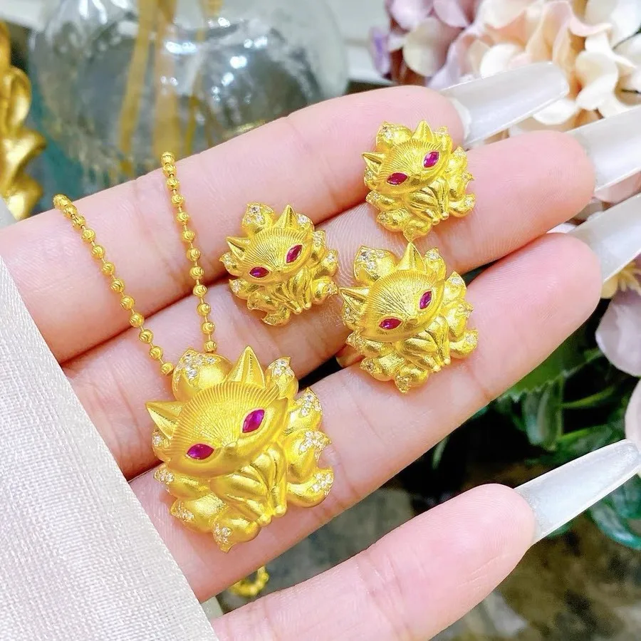 Luxury 24K 9999 Pure Gold real gold Women's Nine-tailed Fox Ring Necklace Earrings