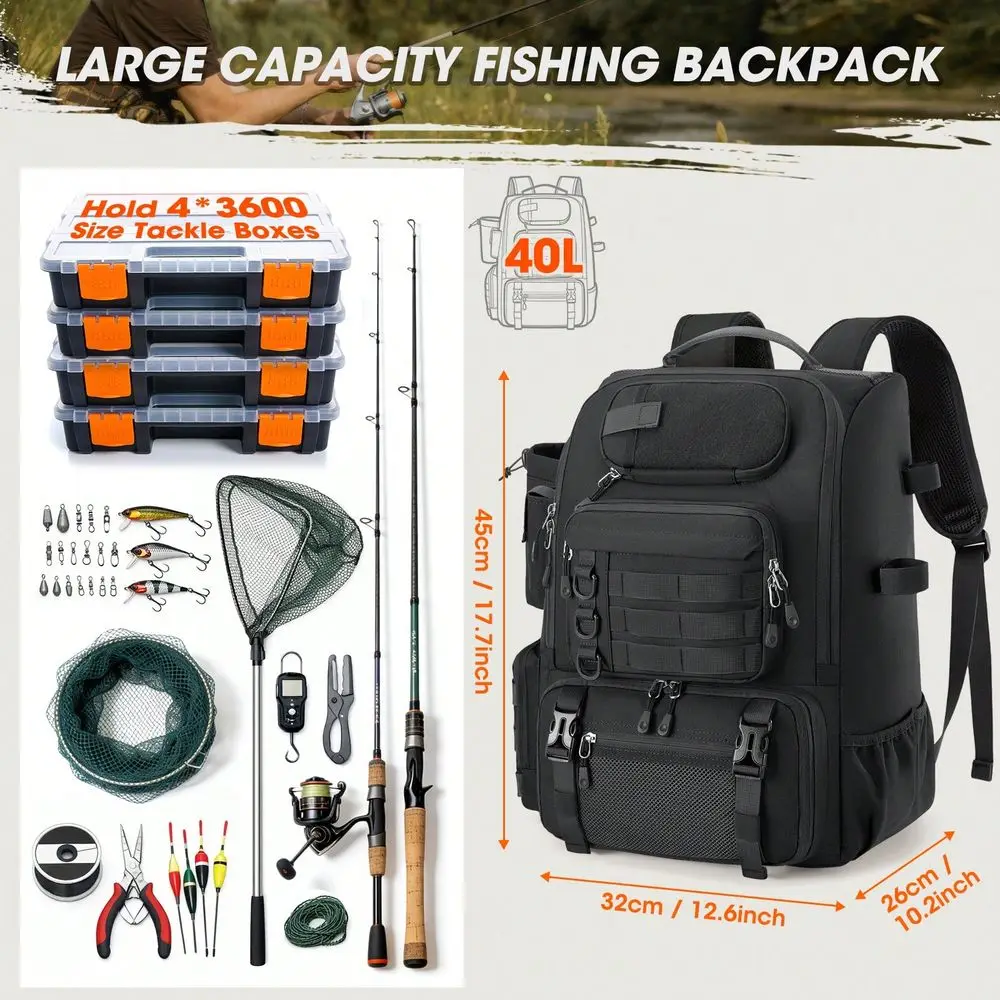40L Tactical Fishing Backpack Waterproof Tackle Bag With Rod Holders Rain Cover & Cooler Compartment, Fits 4x3600 Boxes Outdoor Gear Pack