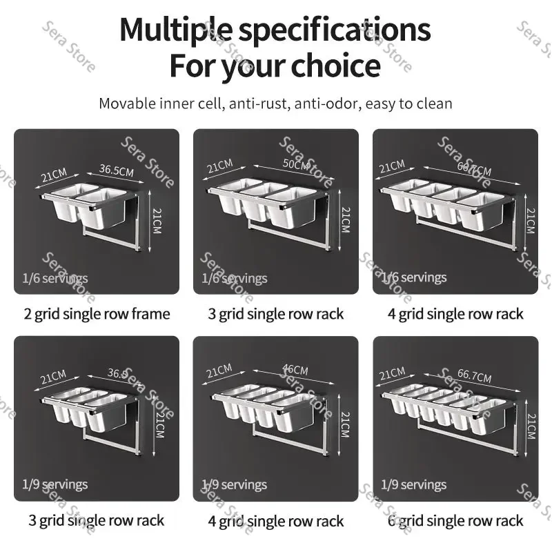 1/6 Four-Grid Wall-Mounted Seasoning Rack, Stainless Steel Jam Box, Layered Simple Partition Storage Holder for Milk Tea Shop