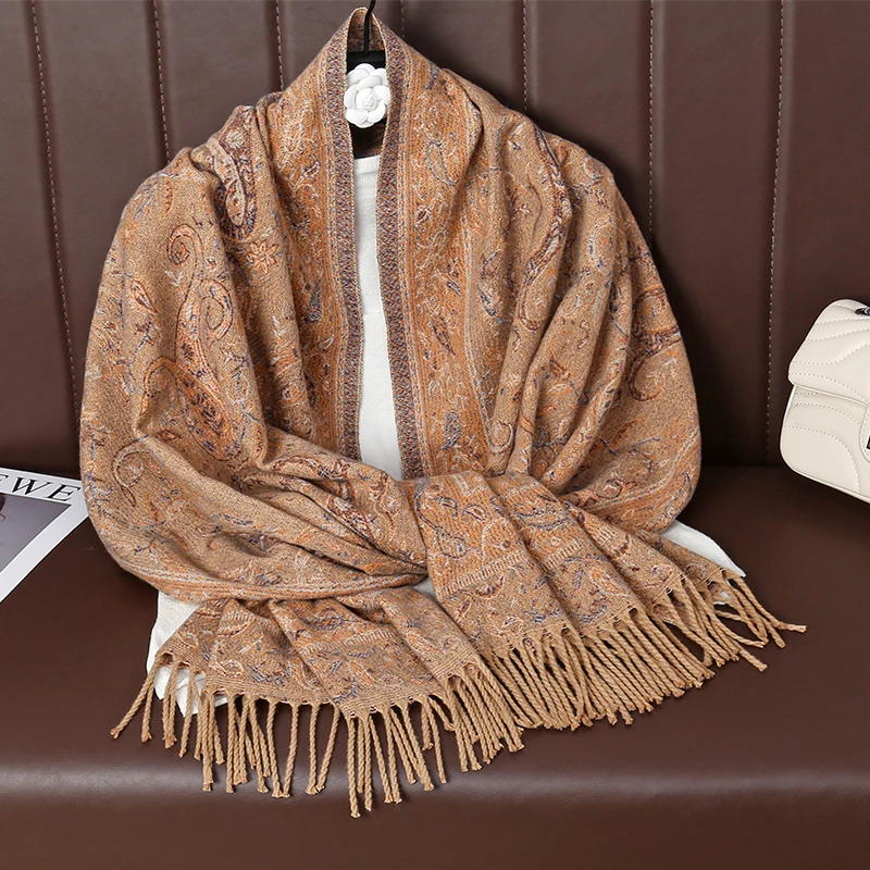 Women National Style Flower Pattern Scarf Jacquard Pashmina Cashmere Tassel Classic Shawl Coldproof Warm Neck Protection