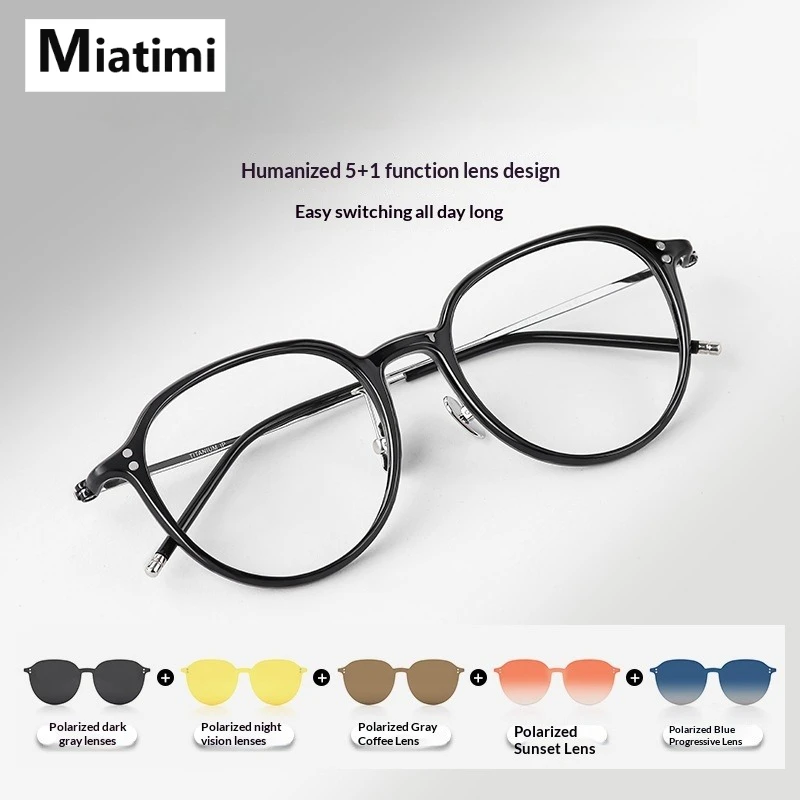 

2026 5 In 1 Acetate Titanium Round Glasses Frame Men Polarized Clip On Sunglasses And Night Vision eyeglasses Women Eyewear