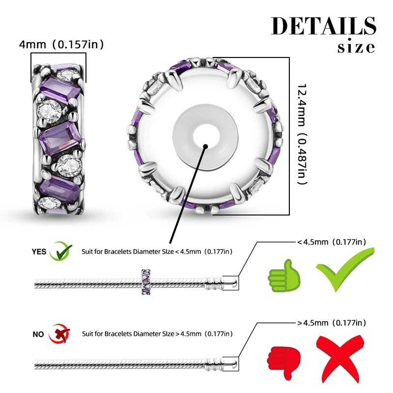 925 Sterling Silver Zirconia Rubber Stopper Positioning Bead Charm Beads Fits 3mm Bracelet Necklace For Women Luxury DIY Jewelry