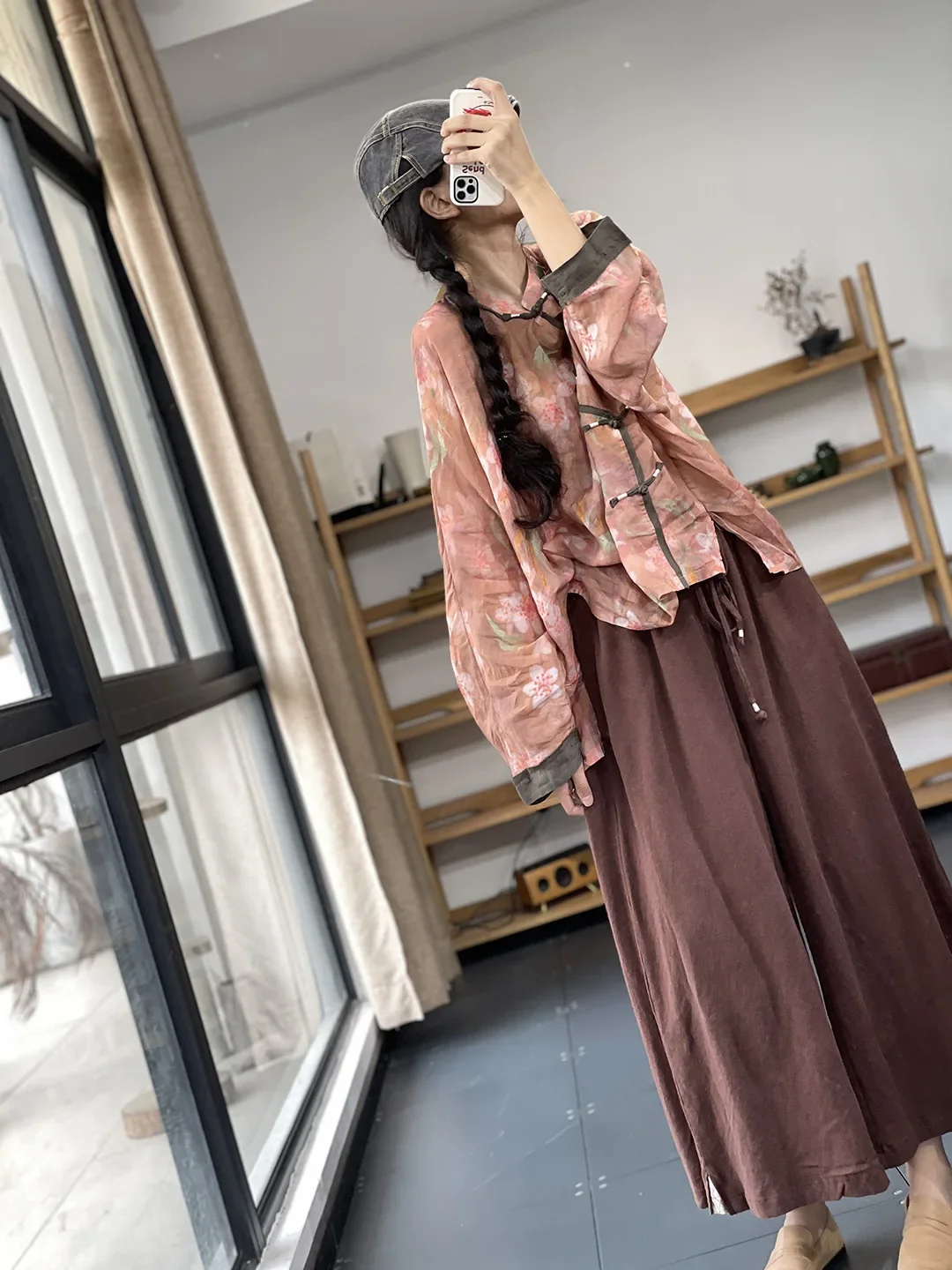 Flower Print Linen Women Blouse Loose Chinese Style Long Sleeve Top