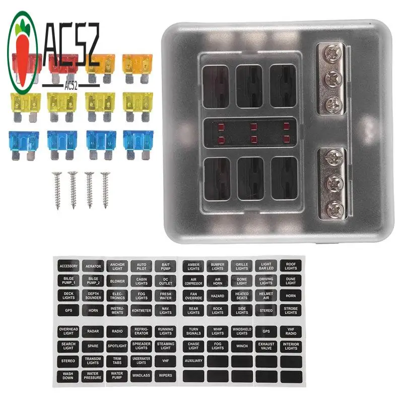 AC52-6-Way Waterproof Fuse Block,With LED Indicator 12 Circuits With Negative Marine Fuse Box For Dc 12/24V Car Boat RV Truck