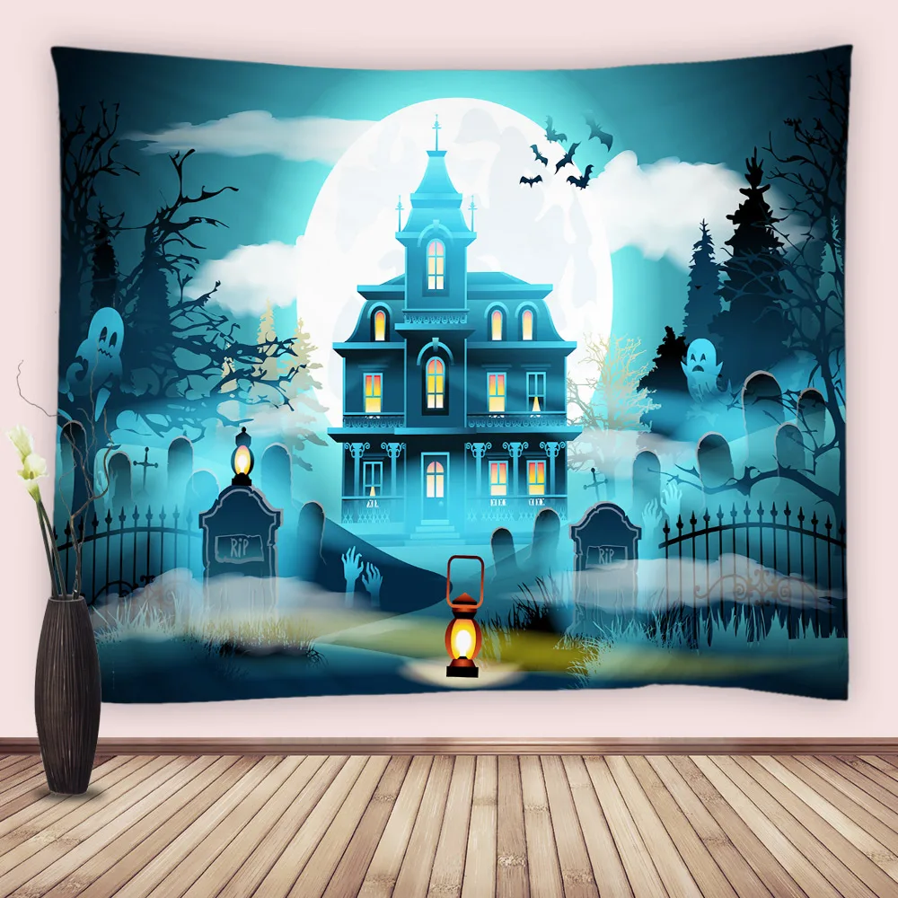Happy Halloween Wandtapijt Horror Castle Night Sky Maan Pompoen Lantaarn Kinderfeest Spookhuis Wandtapijten Hangende Kunst