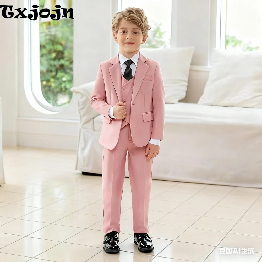 

Smart Pink Boys Slim Fit Suits 4 Pieces Stage Performance Wear Notched Lapel Kids Suit Set Wedding Guest Clothes Size 3-14T
