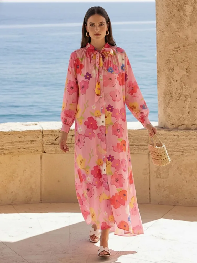 Freeacy 2026 Damen Buntes Blumenmuster Süßes Kleid mit Schleifenkragen, Langen Ärmeln, Locker Geschnitten, Knopfleiste, Midi-Länge, Partykleid