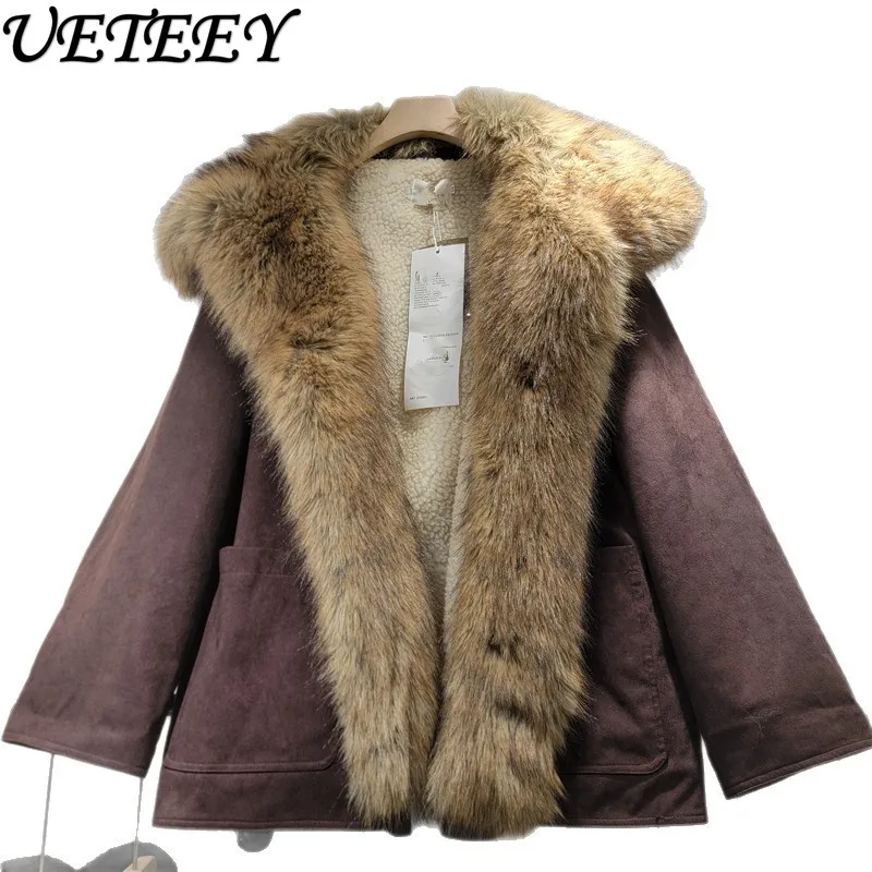 معطف قطني من جلد الغزال البني الأمريكي للنساء لخريف وشتاء معاطف جديدة من الفرو الصناعي بياقة متكاملة أنيقة ودافئة وسميكة