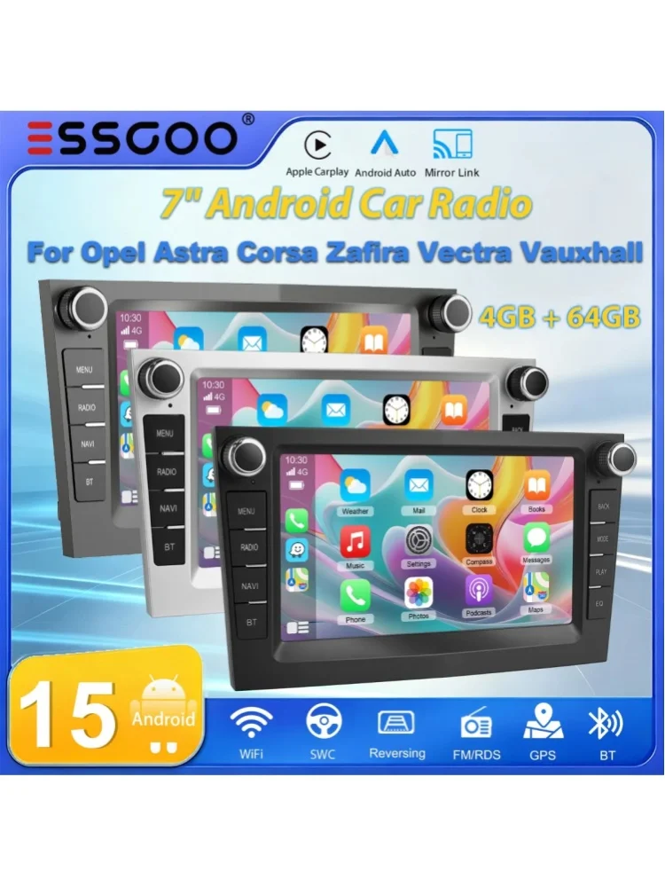 ESSGOO 7" Android 15 Autoradio 4+64G für Opel Corsa C/D, Astra G/H, Zafira B, Vectra IPS-Bildschirm, kabelloses Carplay, GPS-Navigation, WLAN, DAB+, Kamera, RDS, FM, Bluetooth, USB, SWC,