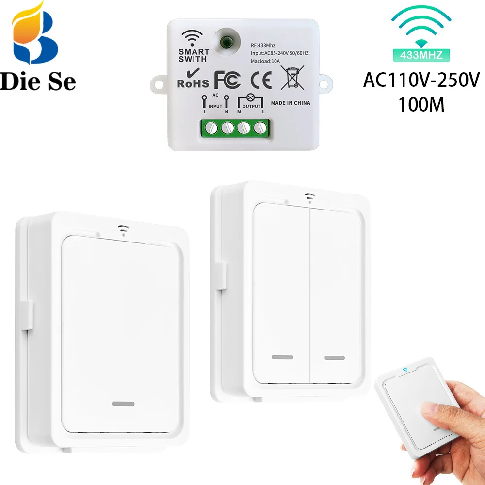 RF 433MHz Wireless Remote Control Light Switch AC 110V 220V 10A Relay Receiver Transmitter 100M Range Control for Fan Led Lamp