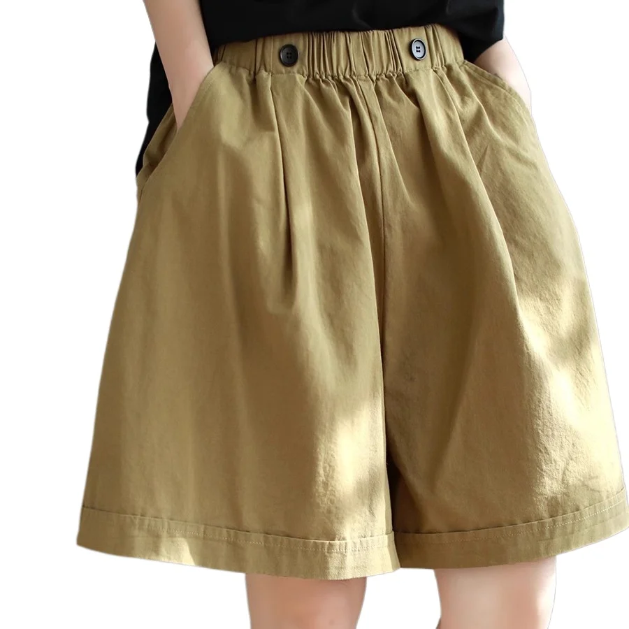 

Pure cotton shorts women's large size loose summer retro solid color wide-leg overalls elastic waist versatile five-point pants