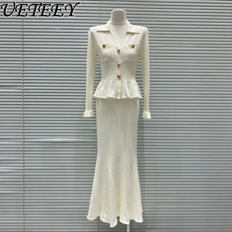 2025 ฤดูใบไม้ร่วงใหม่ภาษาฝรั่งเศสคําคนดังอารมณ์Elegant SlimmingแขนยาวVคอRuffle Edge Top + เอวสูงชุดกระโปรงยาว