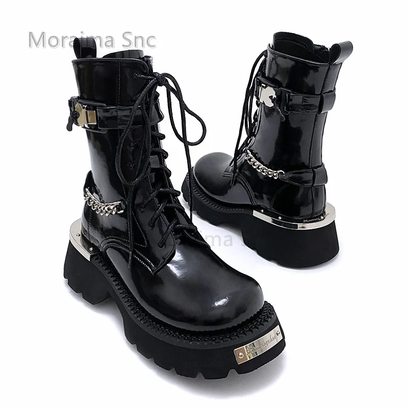 Women's British Style Motorcycle Boots Handsome Metal Decoration Round Toe Thick Bottom Lace Up Ankle Boots Female Buckle Shoes