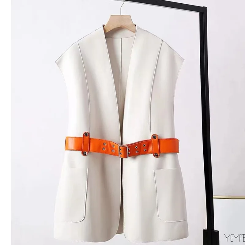 Gilets à col en V en cuir de mouton véritable pour femmes, gilet de créateur, ceinture, haute qualité, tout neuf, printemps, 2023, B773