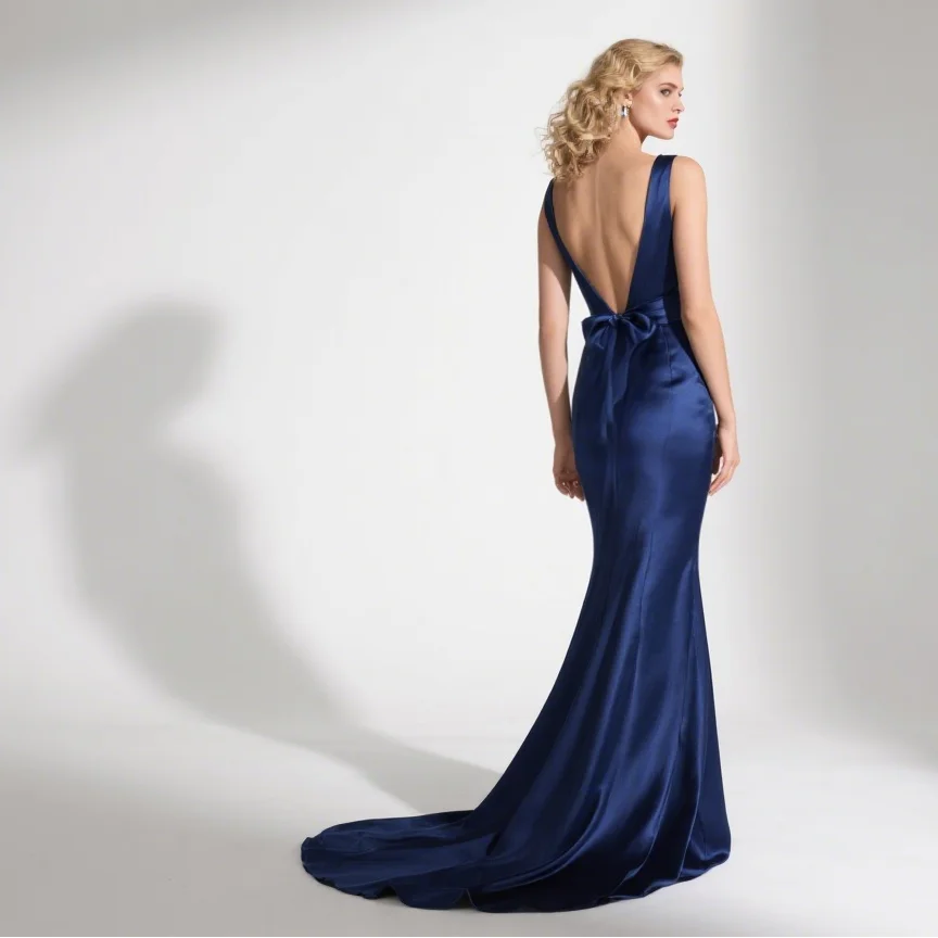 فستان سهرة مثير أنيق حورية البحر للحفلات الراقصة بدون أكمام ورقبة على شكل V عقدة من الساتان سويب تراين فستان زفاف الضيوف 2025 مخصص مجاني