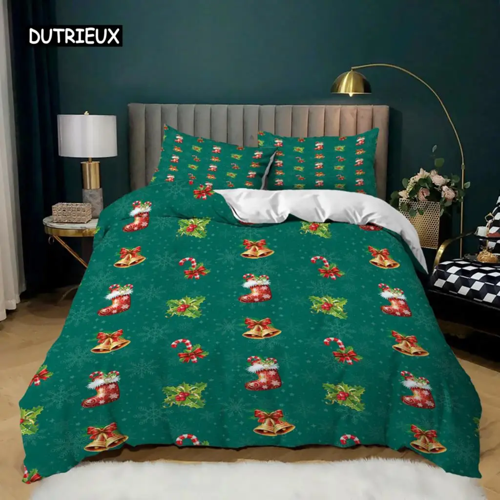 Christmas Duvet Cover Set King Size Christmas Stocking Bells Print Comforter Cover for Kids Girl Christmas Polyester Quilt Cover