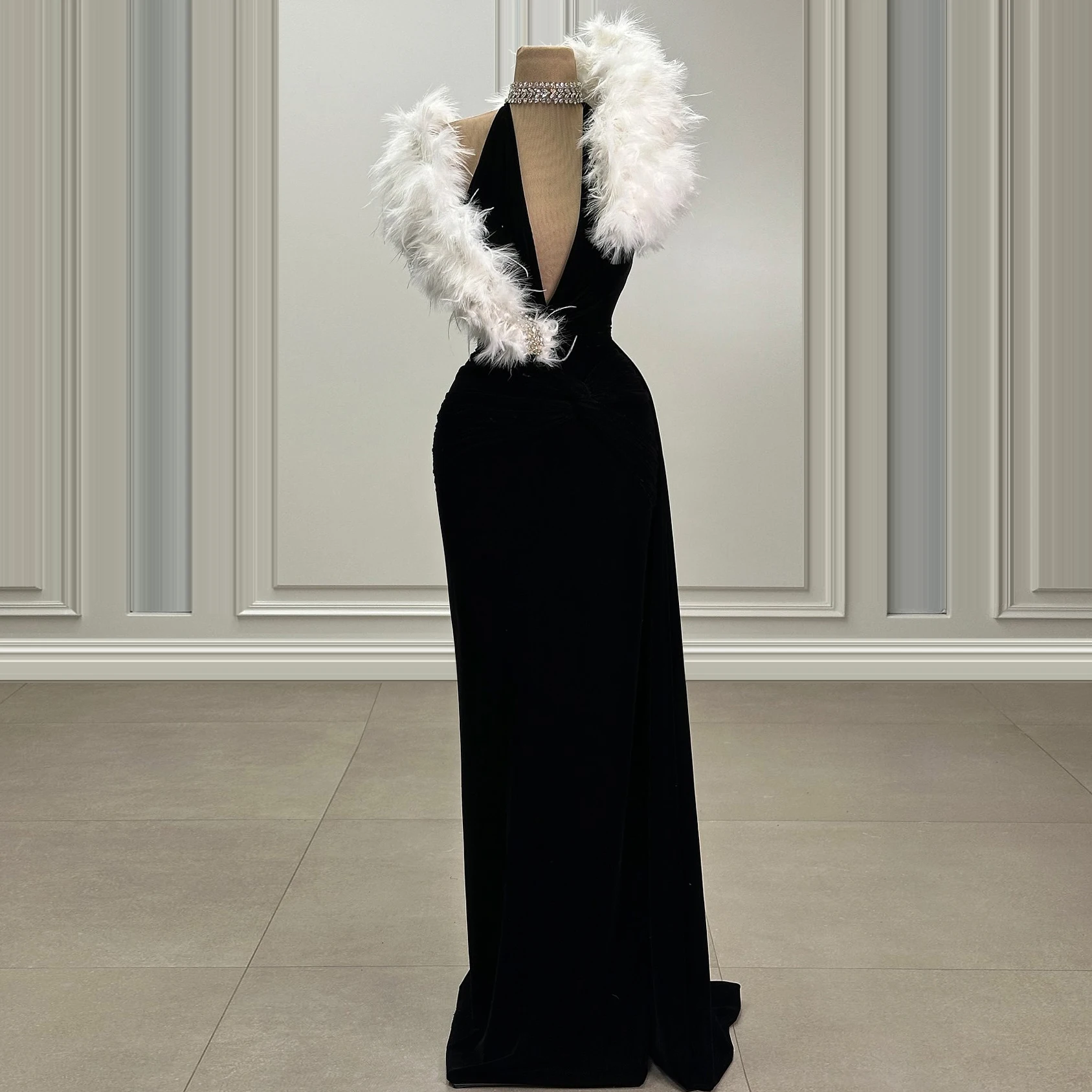 Socialite Jurk Formele Gelegenheidsjurk Witte Bontkraag V-hals Zwarte Jurk Strass Sexy Elegante Damesjurk Aanpasbaar