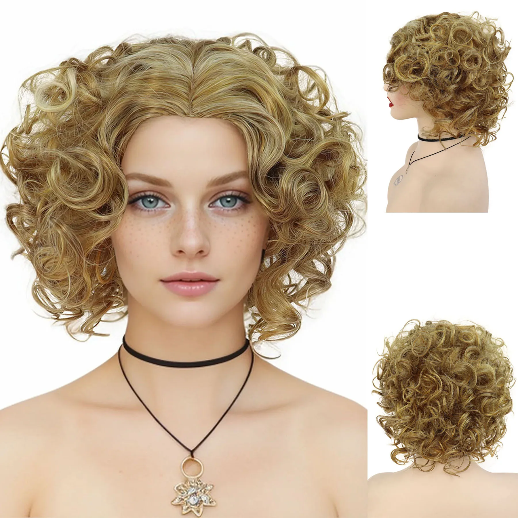 

Short Blonde Hair Synthetic Mommy Wigs for Women Fluffy Curly Wig Afro Hairstyles Heat Resistant Daily Party Drag Queen Costume