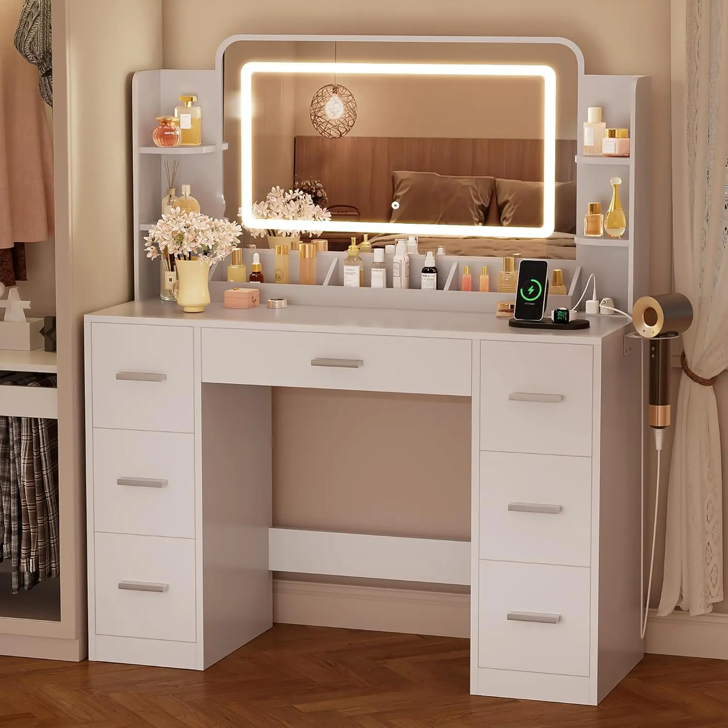 

43.3''Vanity Desk with LED Mirror & Power Outlet, 7 Drawer Makeup Vanity with Side Shelves, Lighted