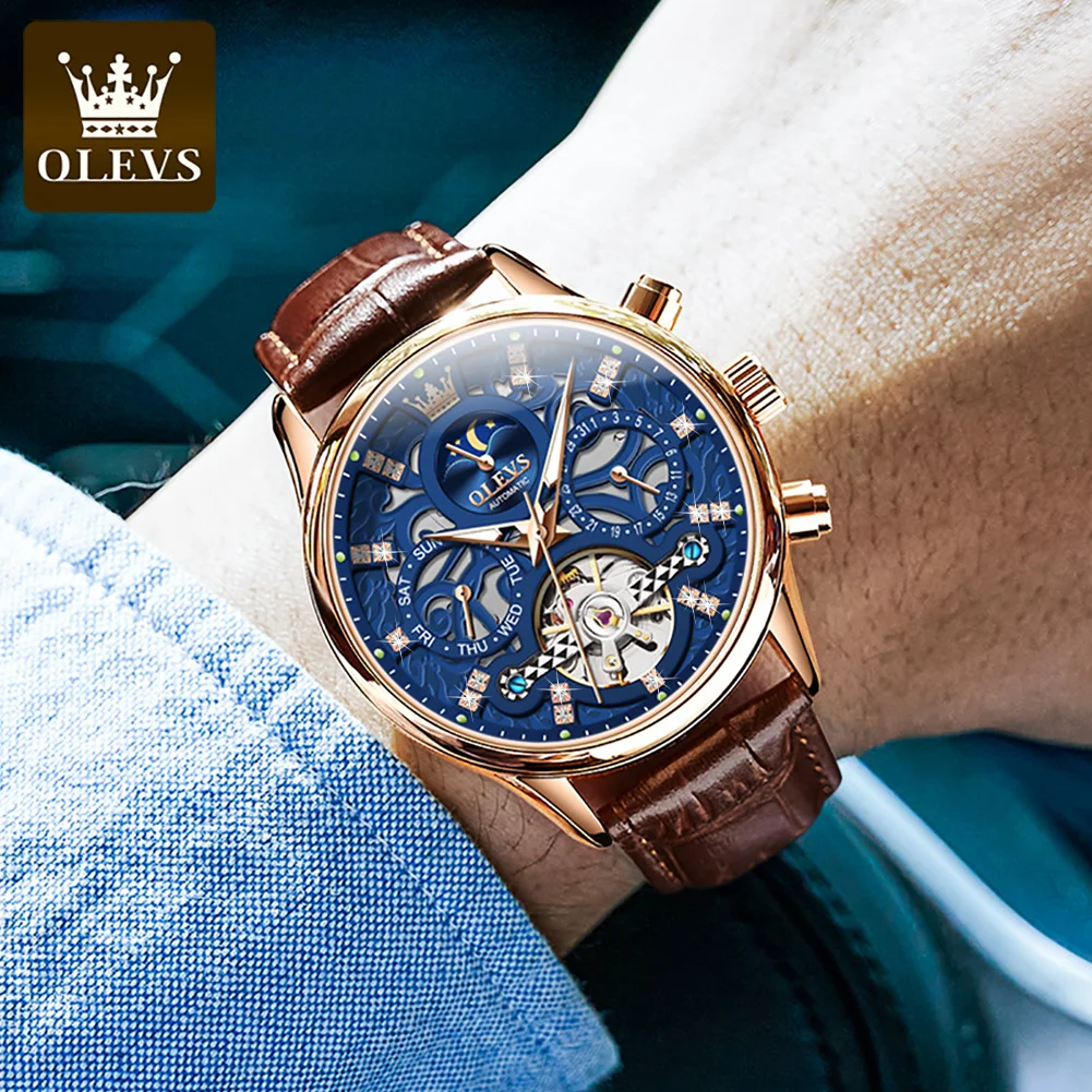 OLEVS 6658 orologio automatico di marca originale per uomo scava fuori l'orologio da polso da uomo con fasi lunari di moda di lusso con scheletro notturno