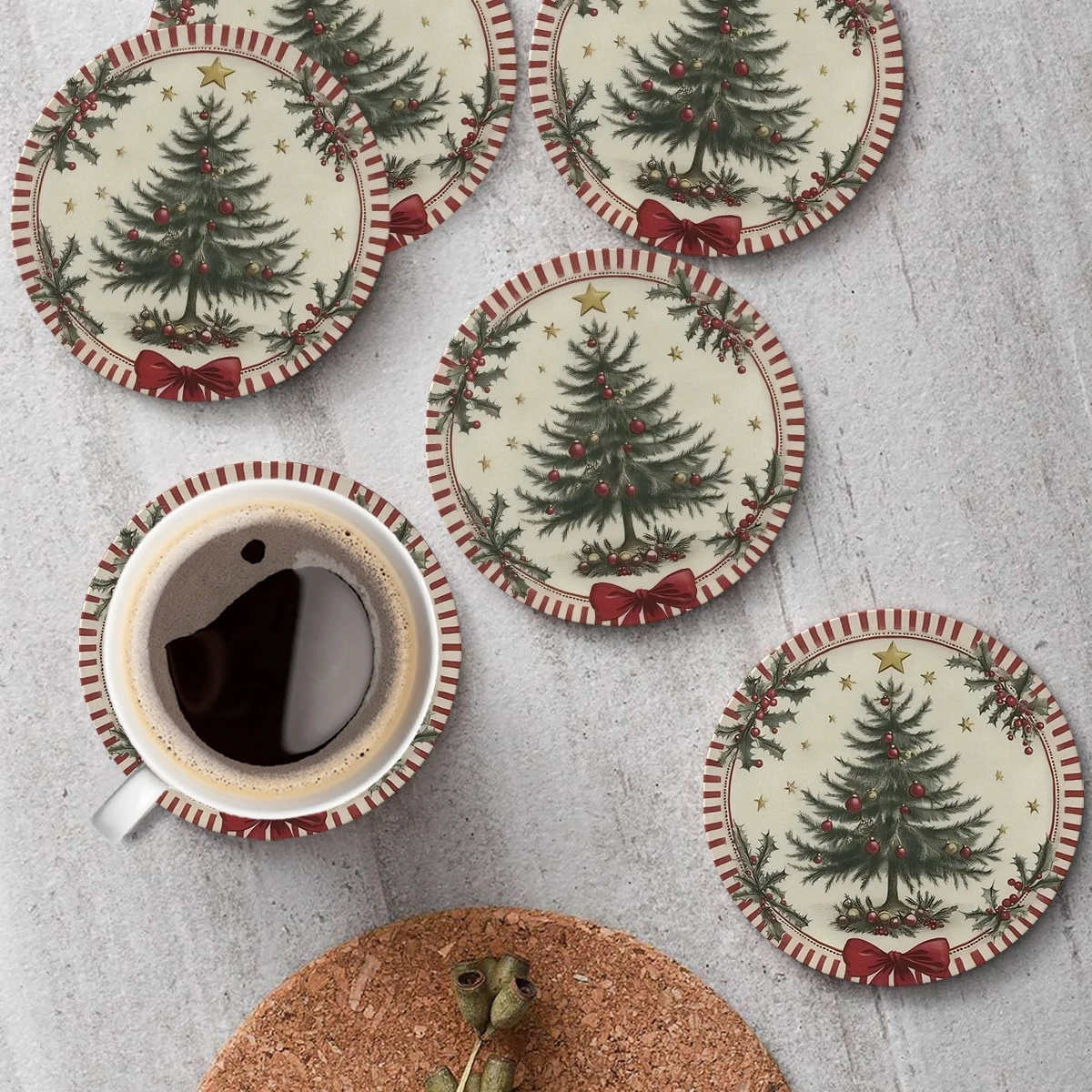 2D 4in Red Striped Christmas Wreath Tree round Wooden Coasters Heat Insulation Coffee Tables Home Decorations Christmas Gifts