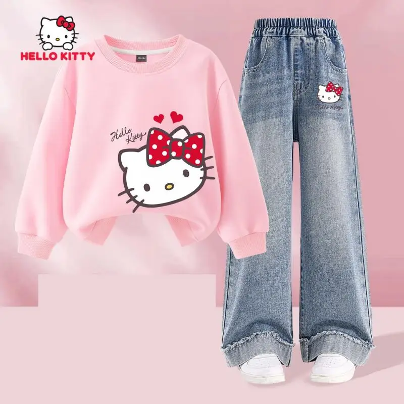 

Sanrio Hello Kitty Girl Spring Sets Kids Fall Motion Tops Jeans Pants Kawaii Cartoon Anime Fashion New Style Casual Clothing Hot