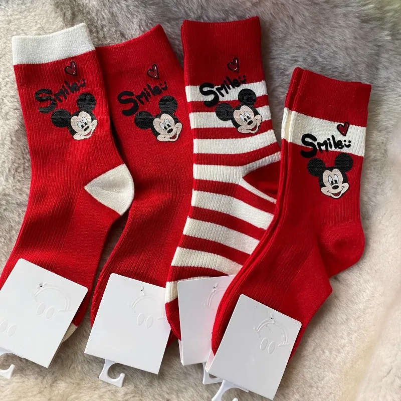 Children's Mickey Mouse Red Socks Autumn/Winter Birth Year Male and Female Cartoon Color Blocked Stripe Mid Tube Cotton Socks