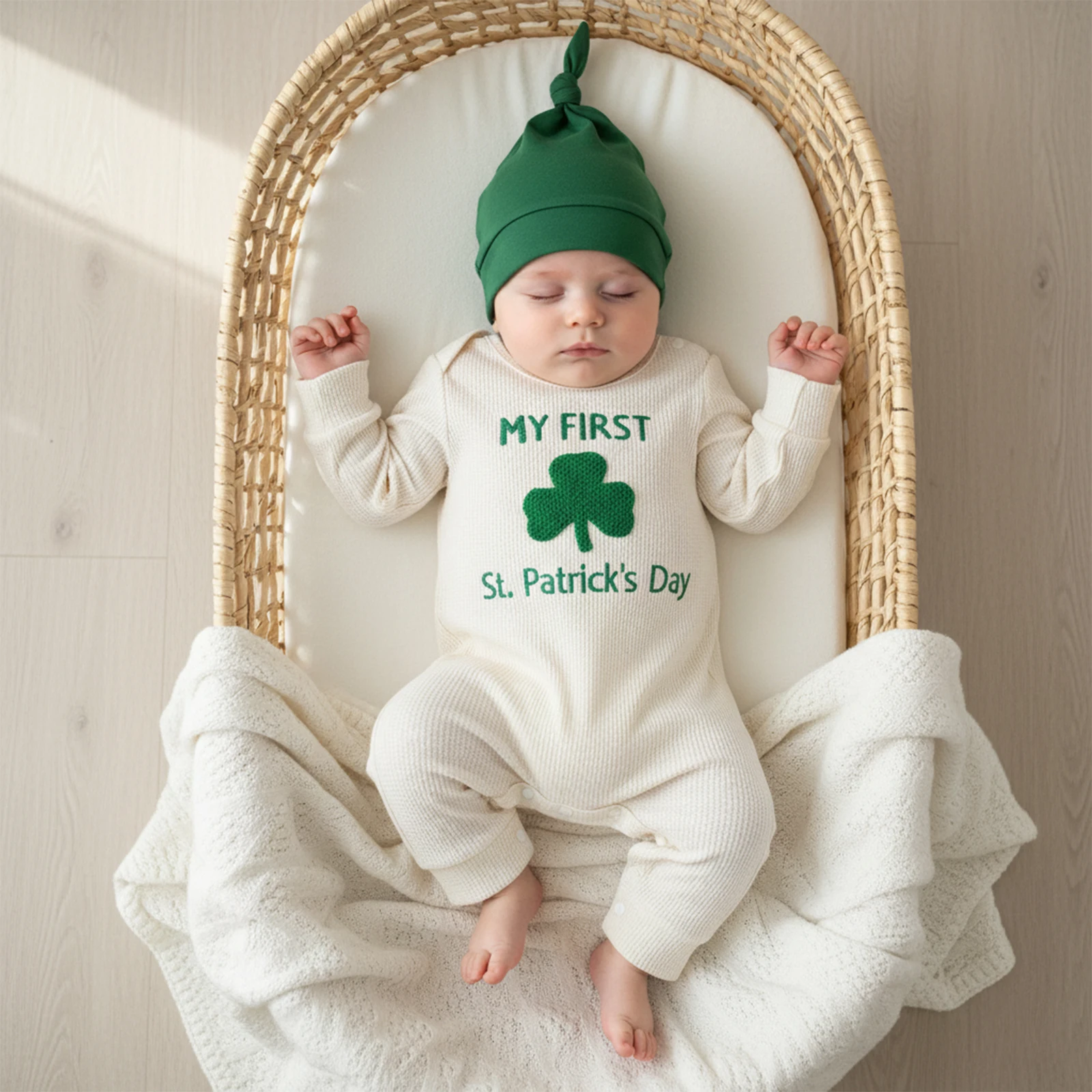 

Весенние наряды для малышей, комбинезон с длинными рукавами и кепкой с круглым вырезом и буквенным узором «Трилистник», костюм на День Святого Патрика, 2 шт.