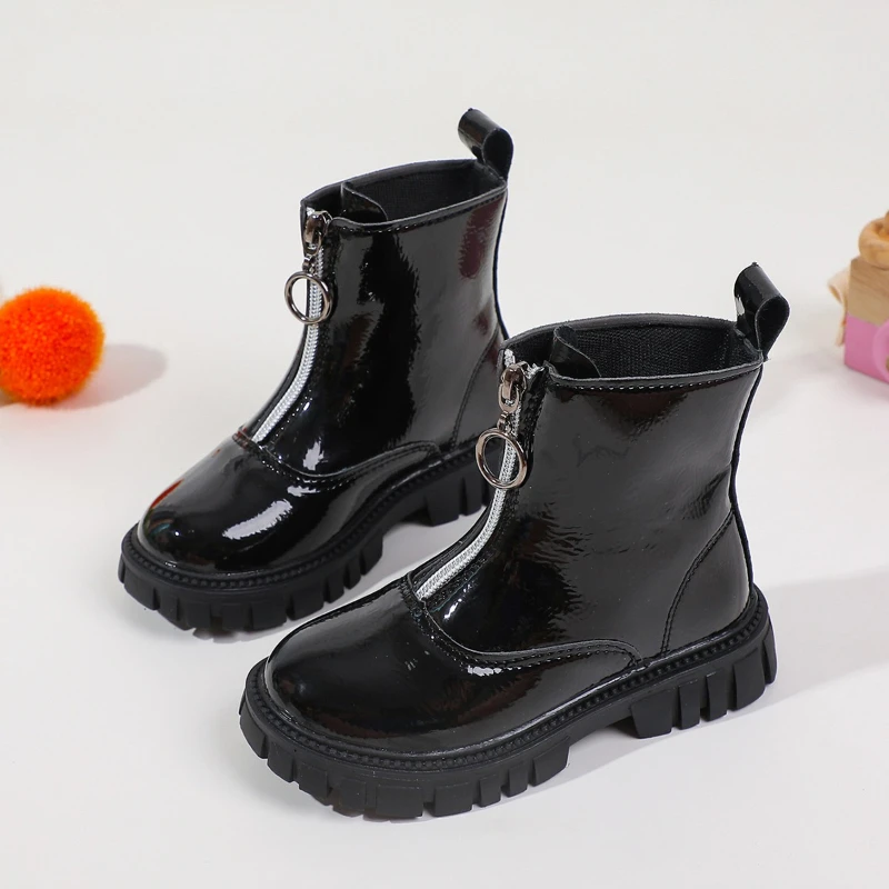 

Children's Platform Ankle Boots Autumn New Black Boots for Girls School Causal Non-slip Kids Fashion Leather Boots Front Zipper