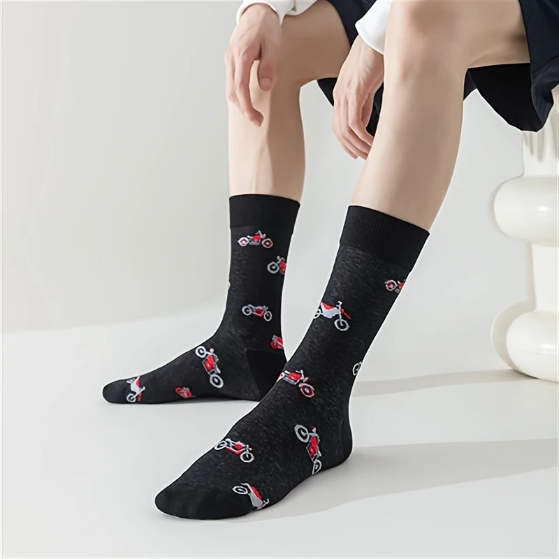 5 Pairs Comfortable Mid-Calf Socks with Motorcycle Pattern for Outdoor Casual Sports, Stylish and Personality Men's Sock