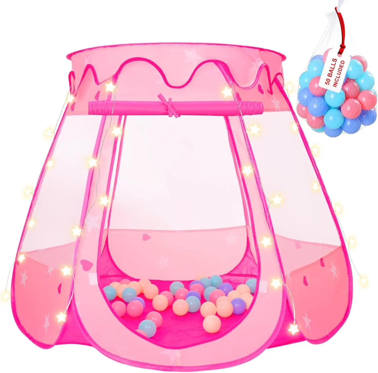 Tente princesse pop-up avec 50 boules, fosse à balles avec lumières étoiles, cadeau d'anniversaire pour fille de 1 2 3 ans, jouets de princesse pour tout-petits wi