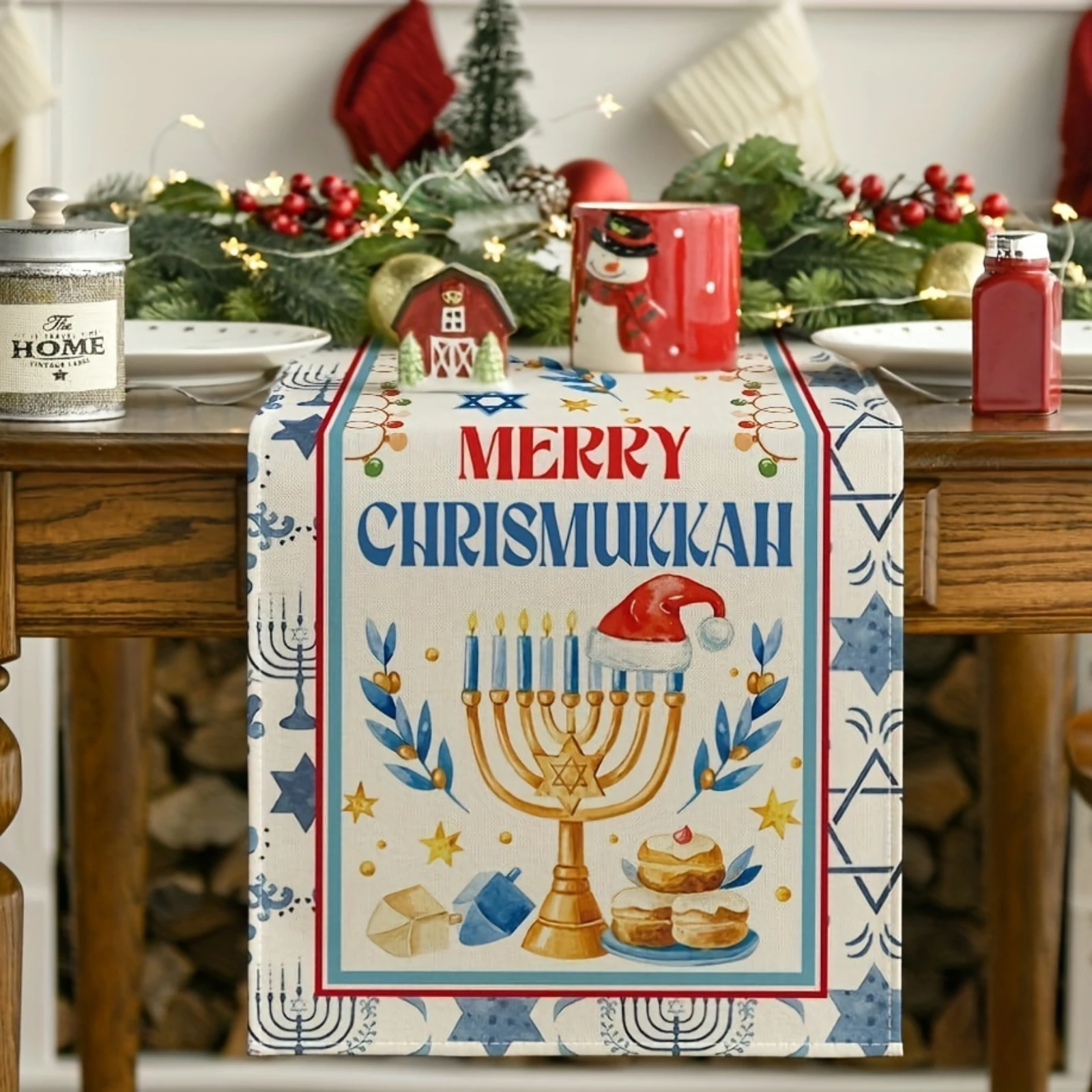 Christmas Table Runner Six-pointed star hat Merry Christmas Hanukkah Design Kitchen Dining Table Decoration Home Party Holiday
