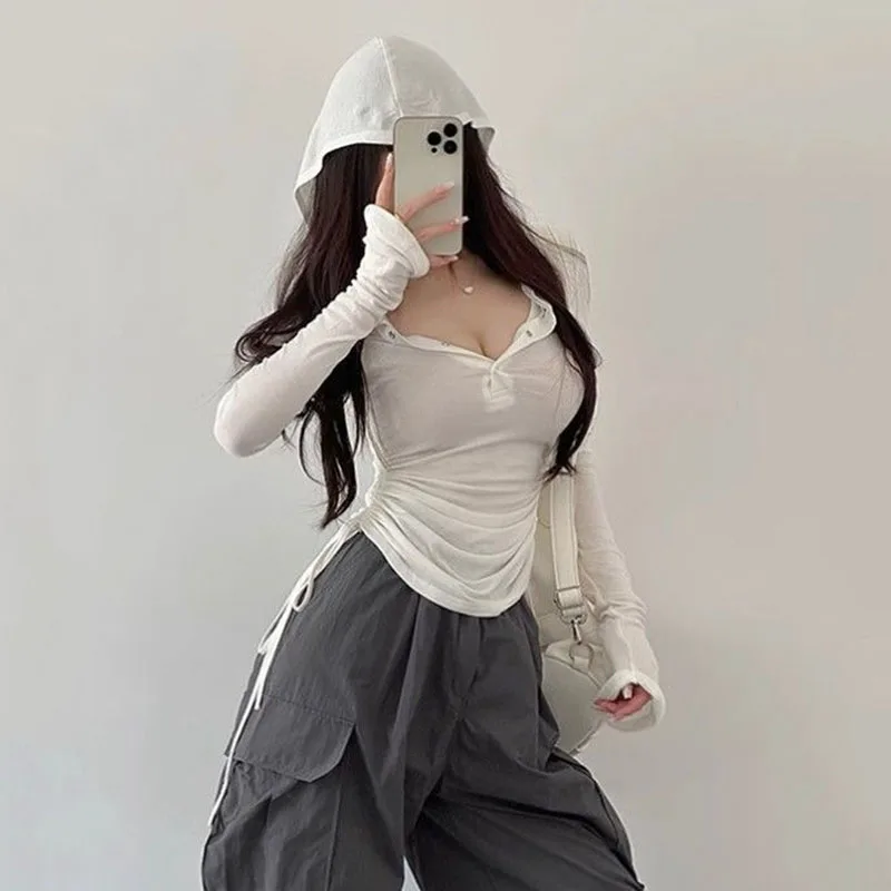 Spring Summer Thin Women's Long Sleeve Top Sexy Transparent Slim Drawstring T-Shirts Harajuku Y2K Grunge Button-Up Hooded Tees