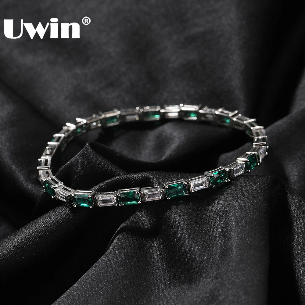 UWIN Iced Out Baguettecz Green&White CZ Tennis Bracelets for Women Bling Cubic Zirconia Chain Bracelet Fashion Jewelry for Gift