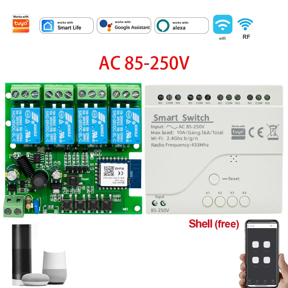 4ch Wifi Relais Smart Wireless 250 Fernbedienung Schalt modul 7-32V 85-220V 110V 2200 V W 10a DIY Licht motor Empfänger Funktioniert mit Tuya Alexa