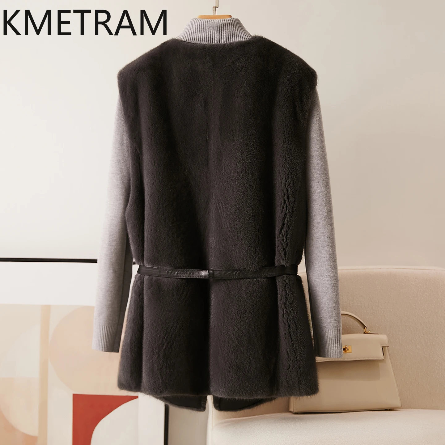 KMETRAM 100% Futro z Norek Kamizelka z Dekoltem w Serek, Dopasowana w Talii, Prawdziwe Futro, Płaszcz Zimowy 2025 Szary Krótki Bezrękawnik Damski Nowa Kurtka шуба