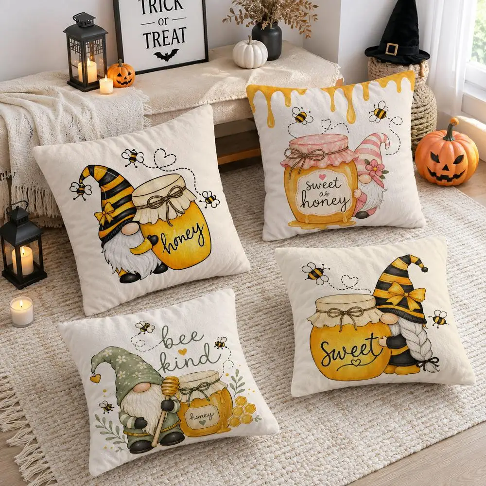 Yellow Bee Pattern Cushion Cover Soft Short Plush Double-Sided Printing Sofa Home Decor Festival Pillow Case Gifts