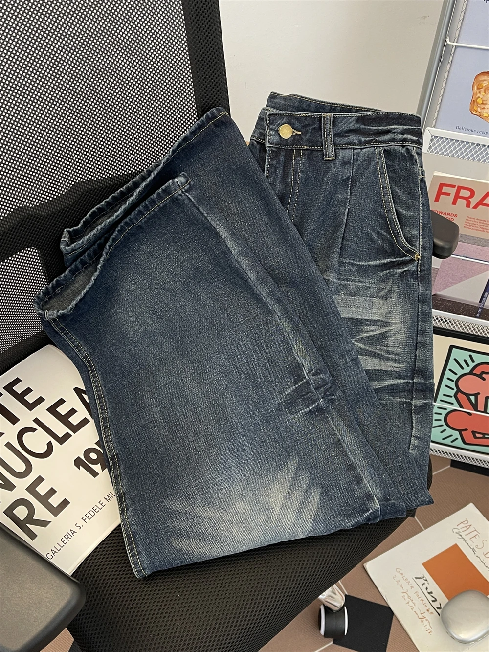 남성용 하이 스트리트 워싱 진, 아메리칸 패션 레트로 루즈 데님 팬츠, 가을 캐주얼 디스트레스드 와이드 레그 트라우저