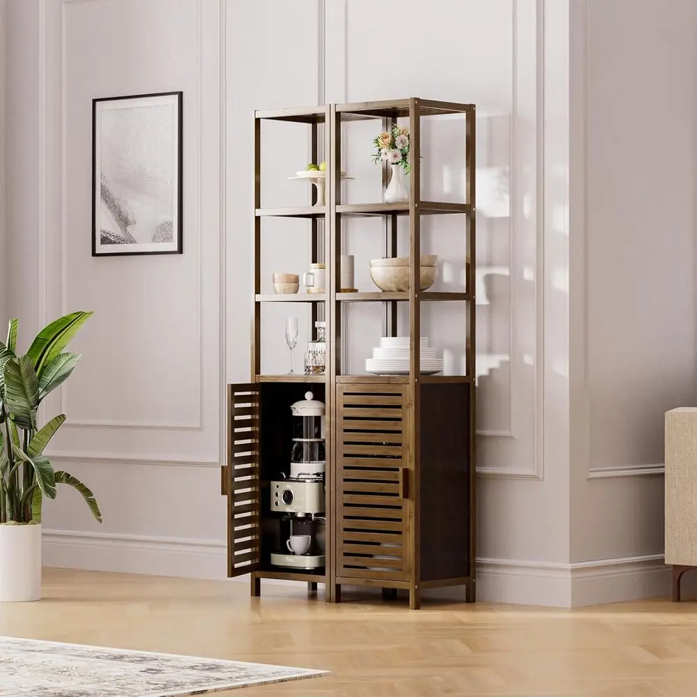 Mobiletto a 6 Ripiani in Bambù e Noce per Stoccaggio Salvaspazio con Ripiani Rimovibili