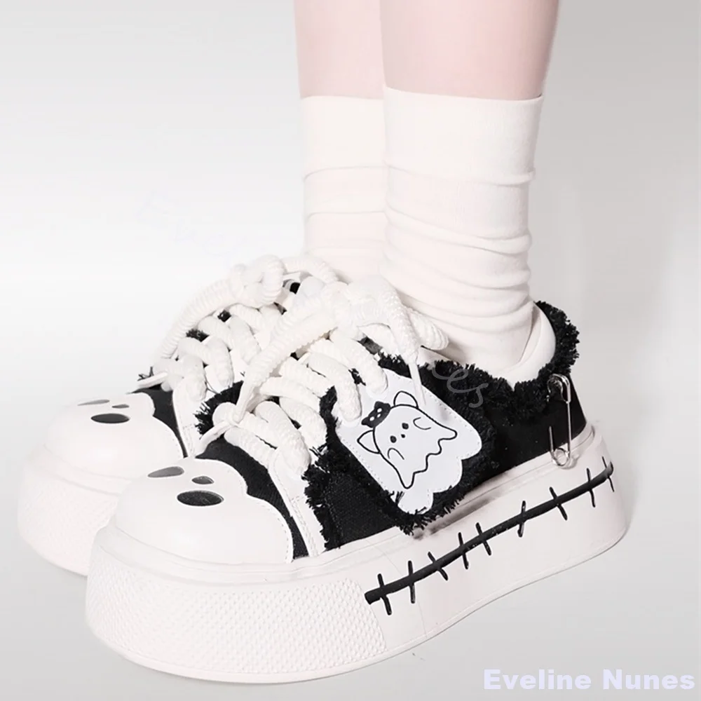 

Симпатичные парусиновые туфли с цветными блоками, женские повседневные джинсовые туфли с круглым носком и перекрестной завязкой на толстой подошве, весна 2024, удобная обувь с кисточками и рисунком