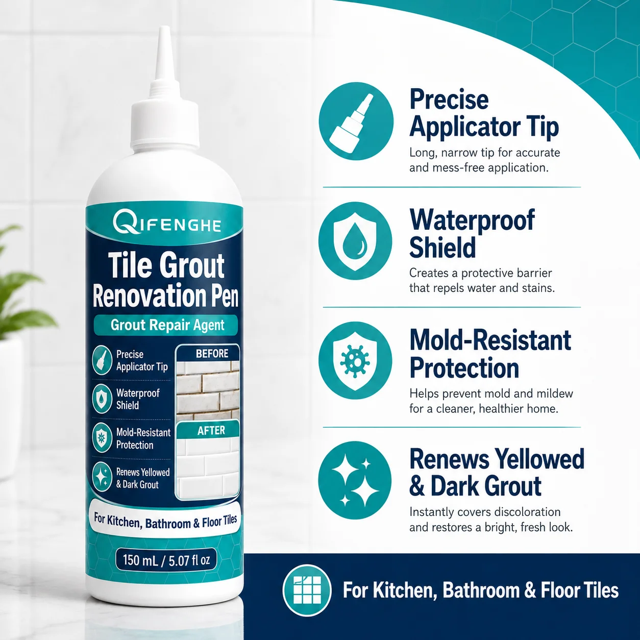 Tile Grout Renewal Pen 150ml, Waterproof Anti-Mold Grout Sealer Marker, Tile Joint Whitener Restorer for Kitchen Bathroom