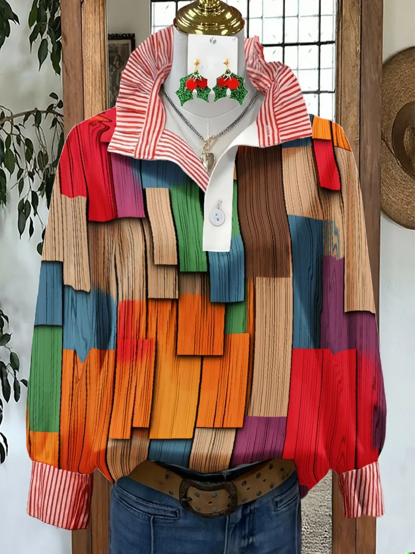 

Women's striped personalized fashion shirt, multi-color striped collar, Colorful checkered patchwork clothing