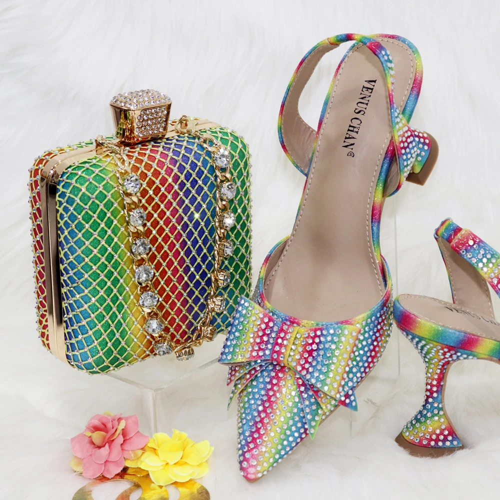 Venus Chan Gold 2024 Heels for Women Pointed Toe With Bows Gold Color Rhinestone  Elegant Party Wedding Shoe and Bag Set