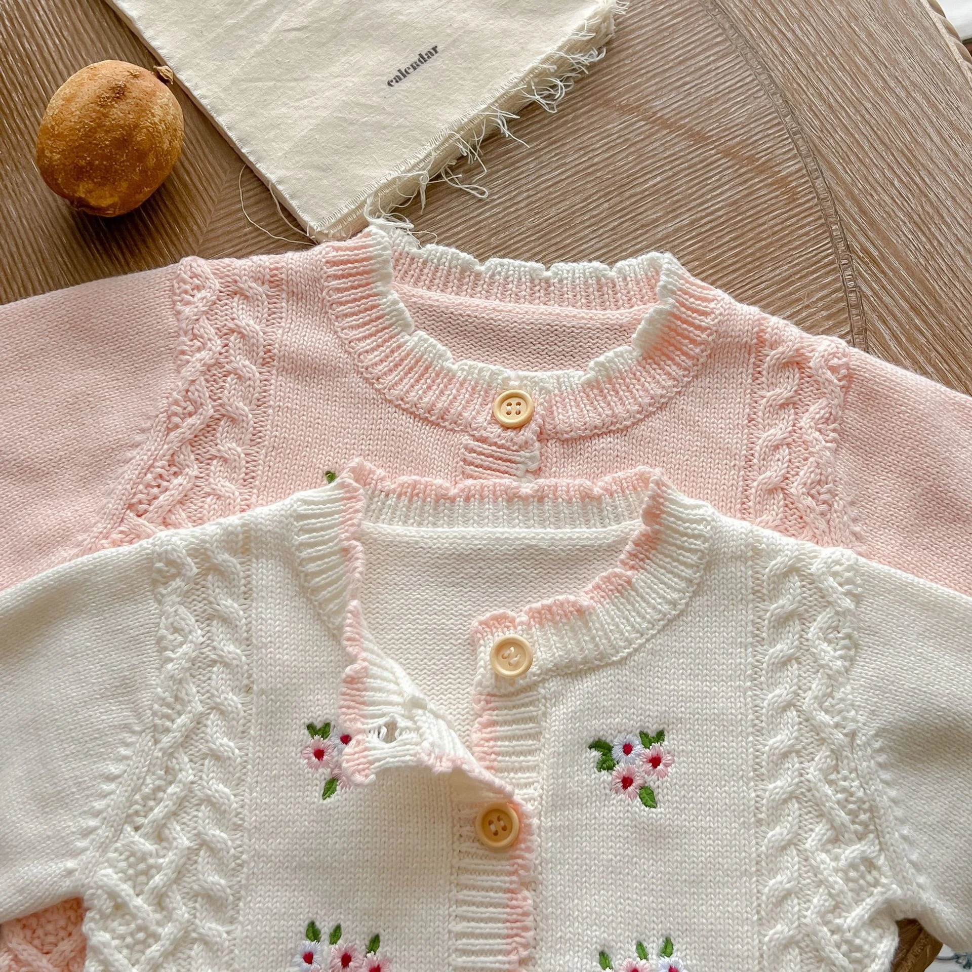 Single-Breasted Baby Girls Hand Warmth Embroidered Floral Sweater Coat Toddler Outfit Tops 100% Organic Cotton 0-36 Months