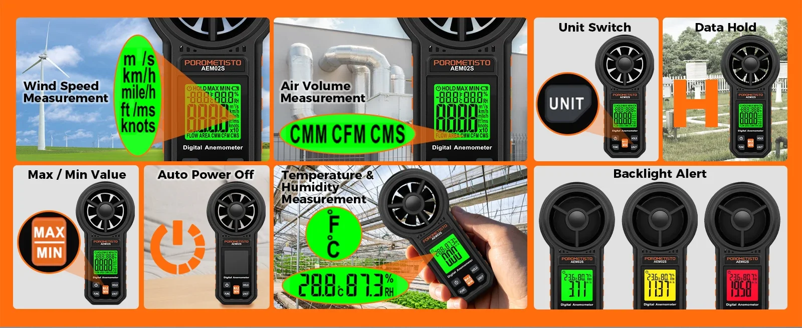 Digitales Anemometer 0,4~30,00 m/s Handgehaltenes Windgeschwindigkeitsmessgerät Luftgeschwindigkeit Luftstromrate mit LCD-Hintergrundbeleuchtung CFM CMM CMS Messwerkzeug – Detail 2